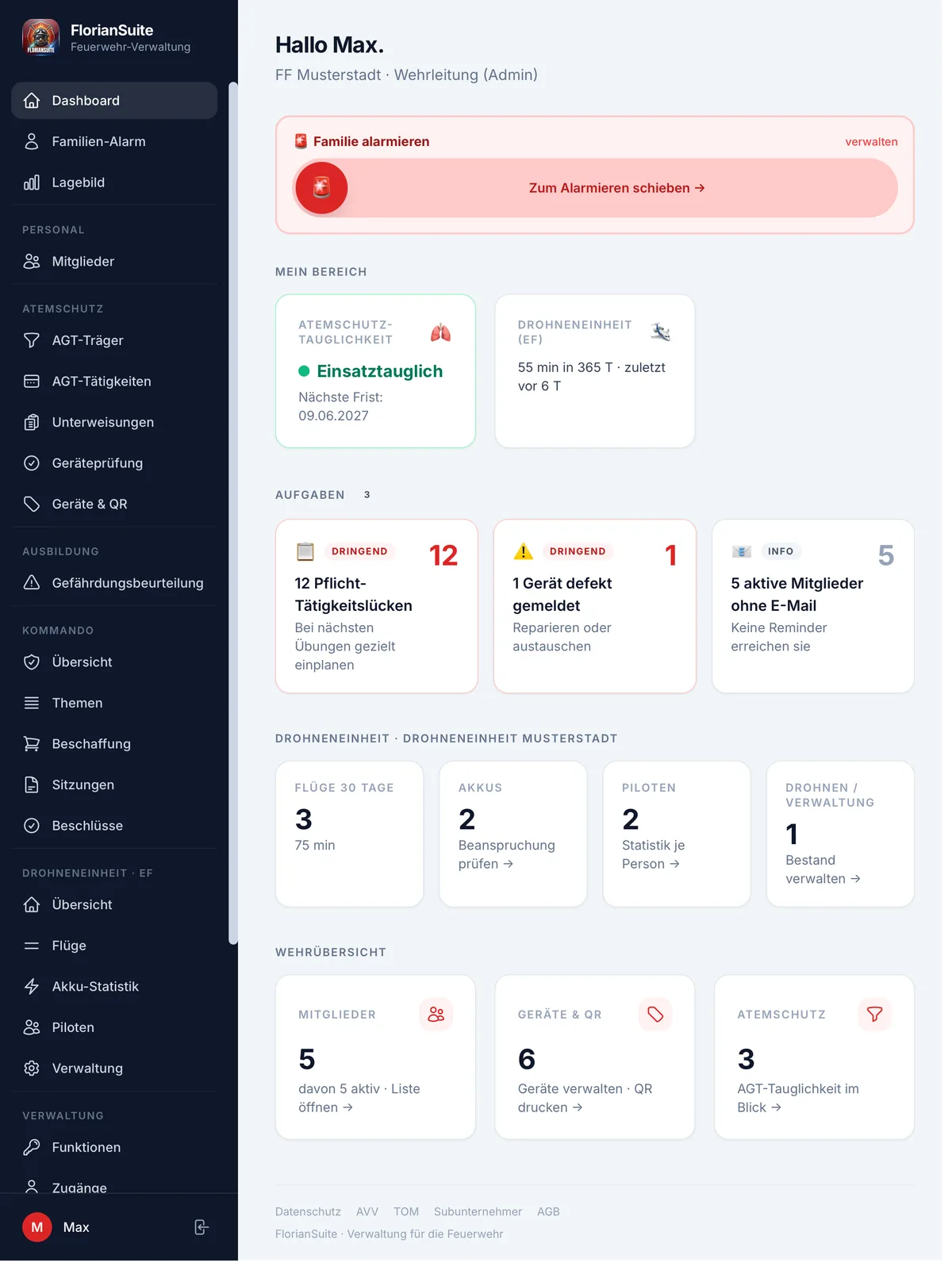 FlorianSuite Verwaltungsportal: Seitenleiste mit allen Fachbereichen und Dashboard-Kacheln