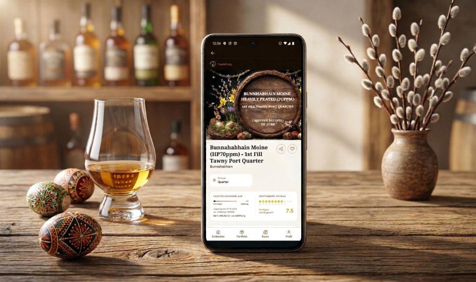 Fassteilungs-App von Whisky Warehouse No. 8 auf einem Android-Smartphone vor einer Whisky-Bar