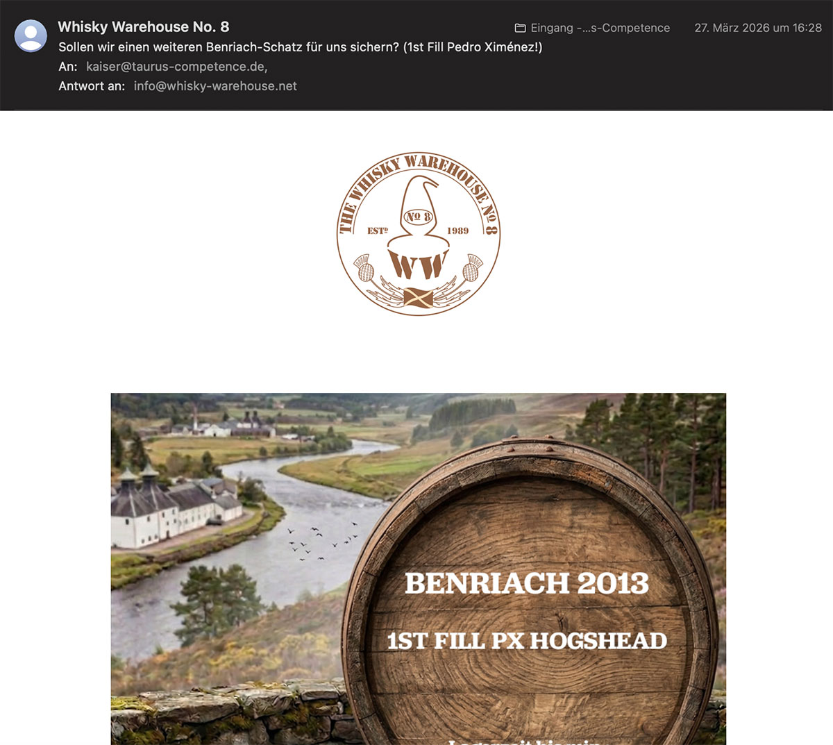 Newsletter-Beispiel von Whisky Warehouse No. 8 mit Betreff „Sollen wir einen weiteren Benriach-Schatz für uns sichern?
